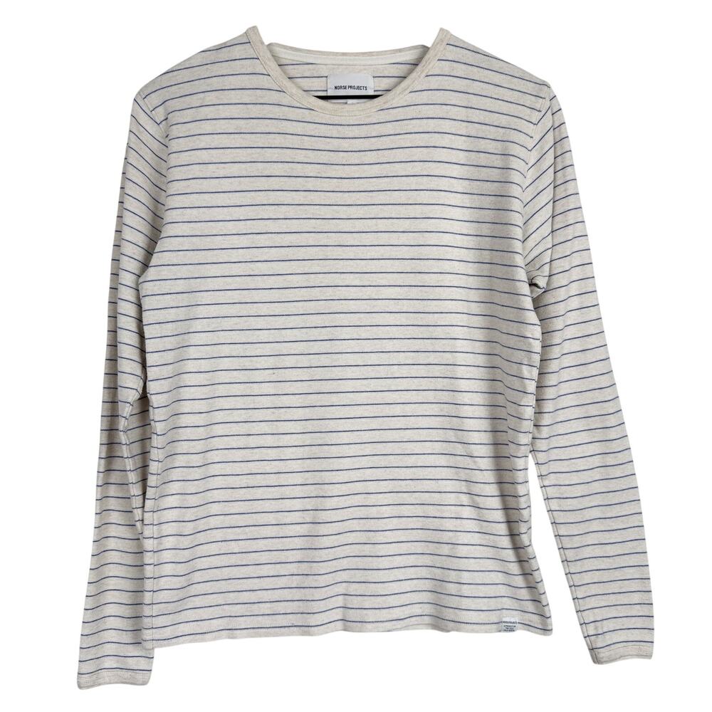 Norse Projects James Fine Stripe Long Sleeve Tee Crew Beige Blue - M